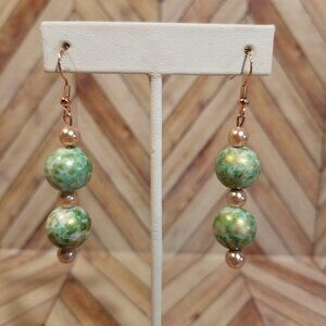 Green and Rose Gold Beaded Dangling Earrings